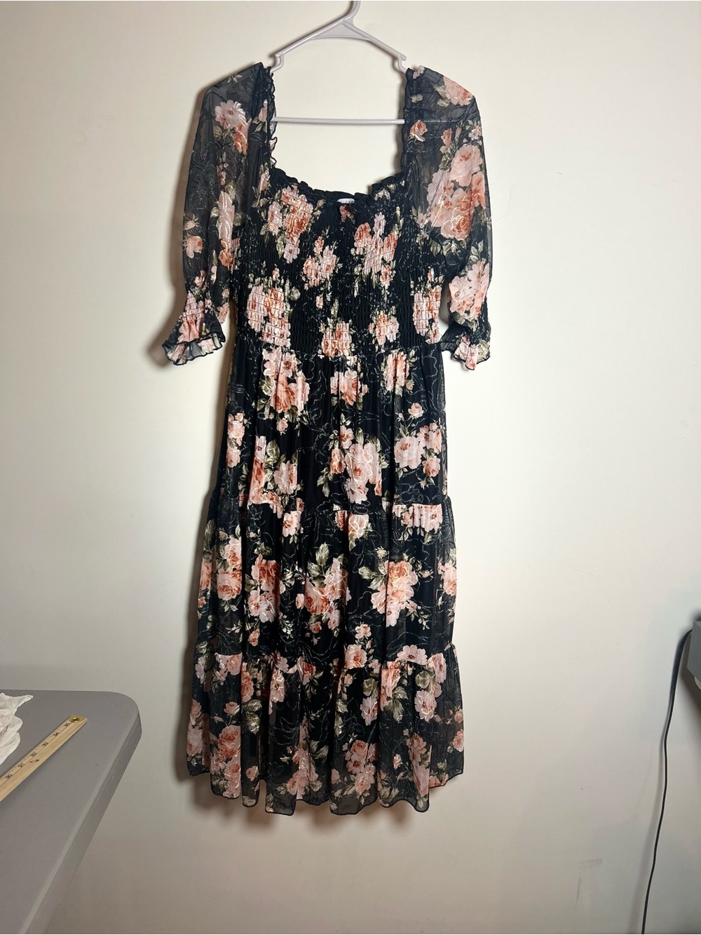 Baltic Born Cottage Core Sinched Ruffle Black Midi Dress with Blush Floral Print